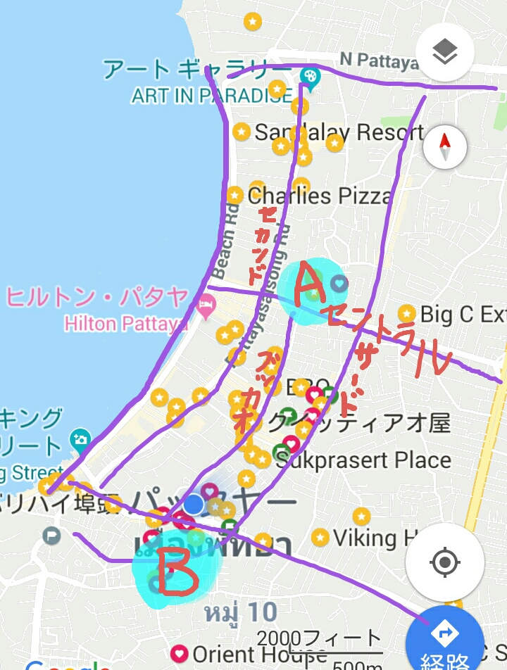 パタヤの地図とアパートメントの位置